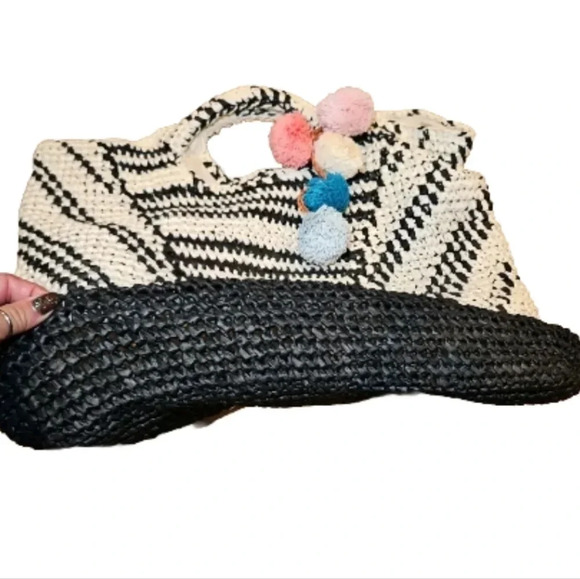 Billabong Talk to The Palm Black Striped Pompom Woven Tote Boho Beach Bag - Picture 5 of 13